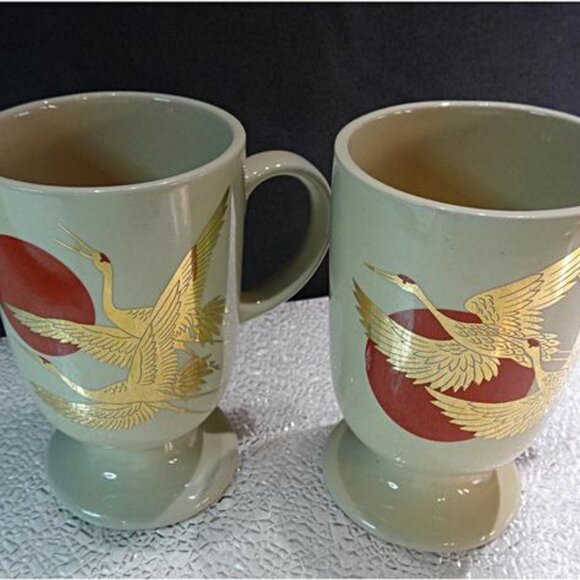 1970s Vintage Takahashi Porcelain 22kt Gold Crane Red Sun Mugs Pair - Picture 4 of 8